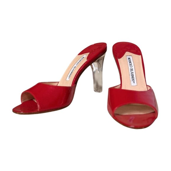 Manolo Blahnik Red Patent Leather Mules | Clear Lucite Heel Slide Sandals 35/5 - Picture 2 of 9